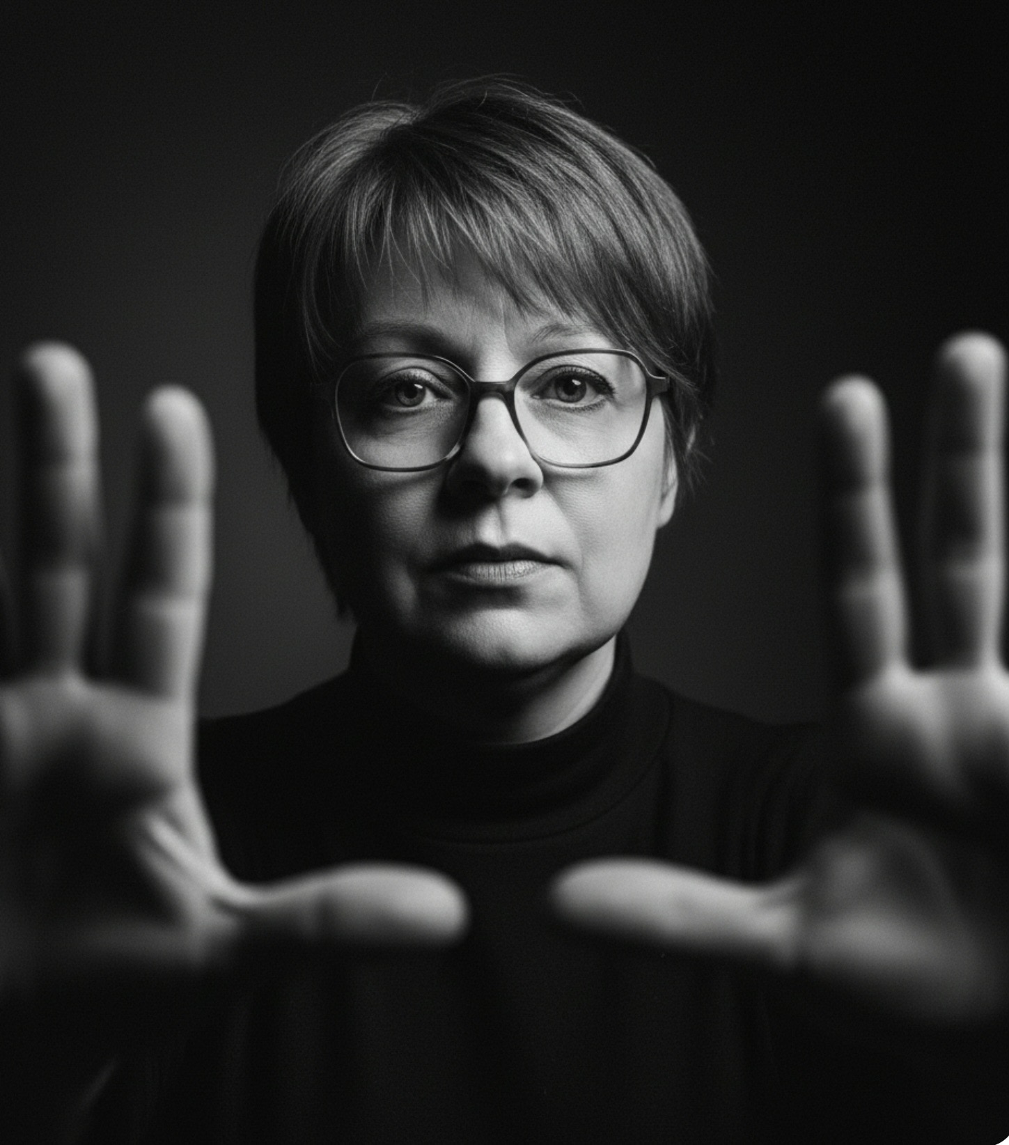 Portrait en noir et blanc de Nancy Lajeunesse, artiste peintre